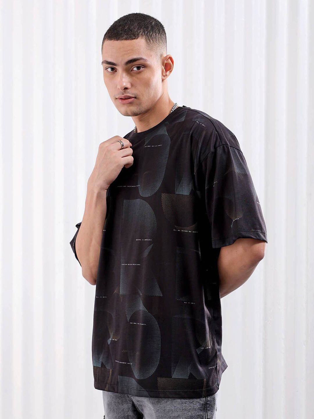 The Indian Garage Co Black Graphic Printed Drop Shoulder Sleeves Oversized T-shirt