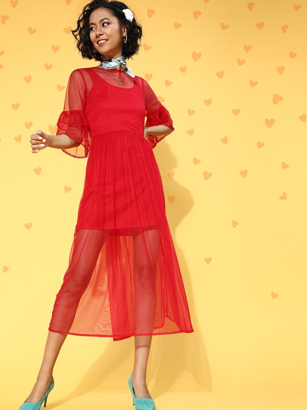Athena Women Chic Red Solid Sheer Dress