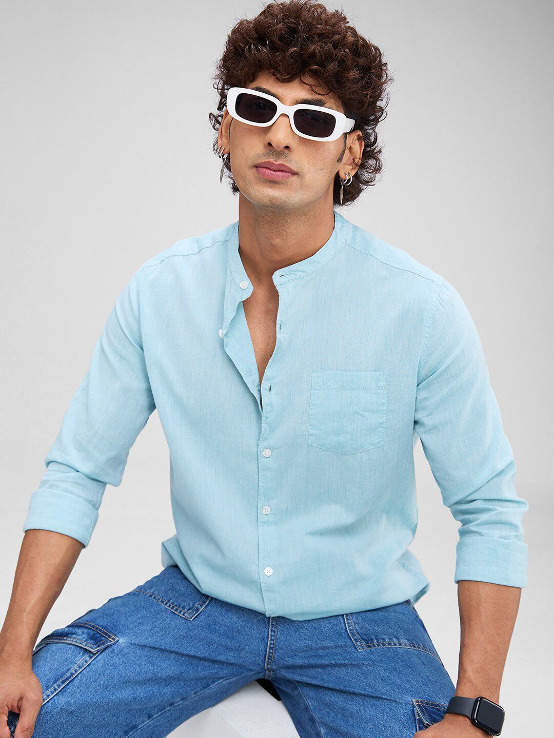 VASTRADO Classic Slim Fit Mandarin Collar Cotton Casual Shirt