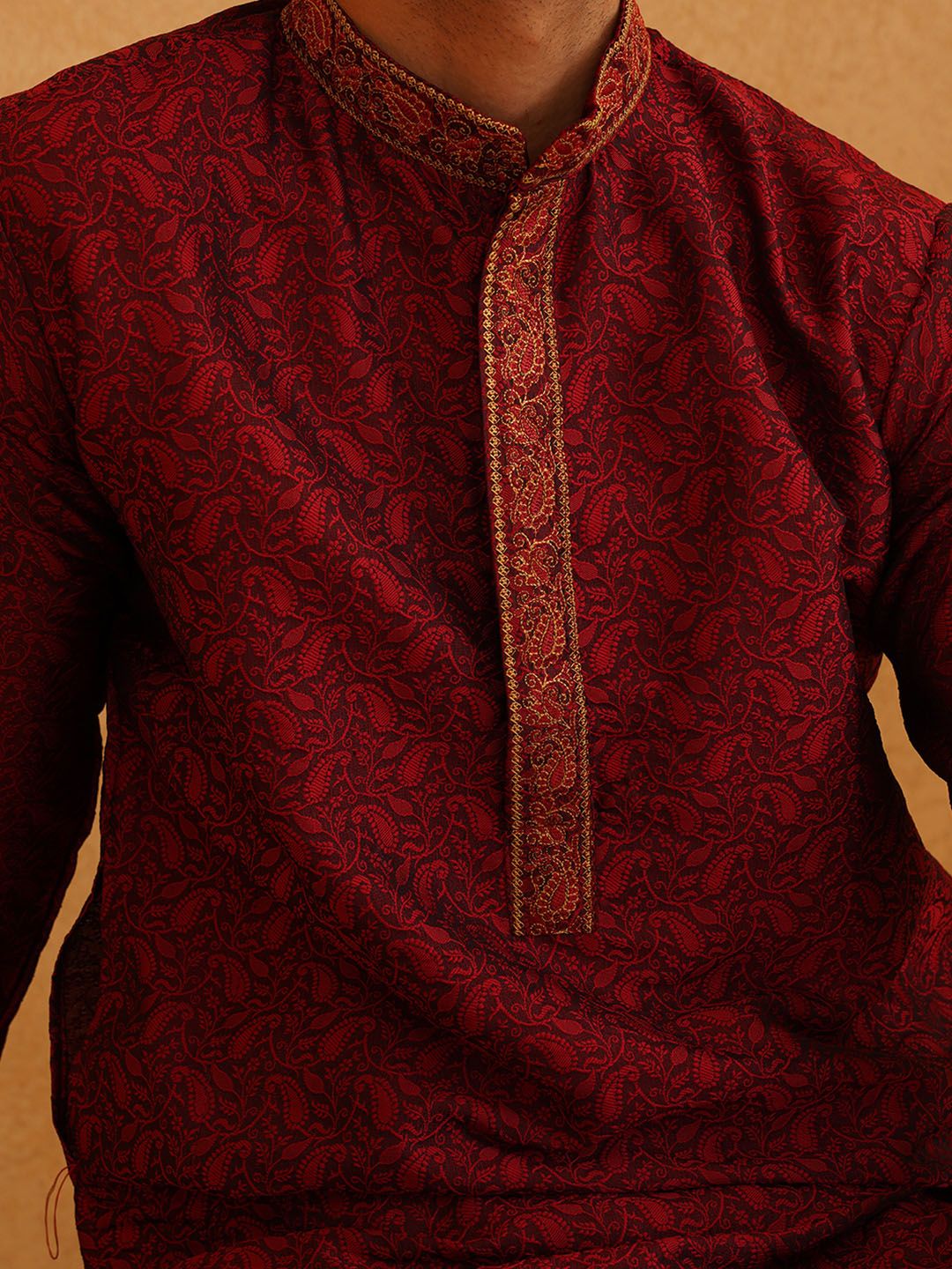 SOJANYA Men Maroon & Gold-Toned Self Design Kurta with Dhoti Pants