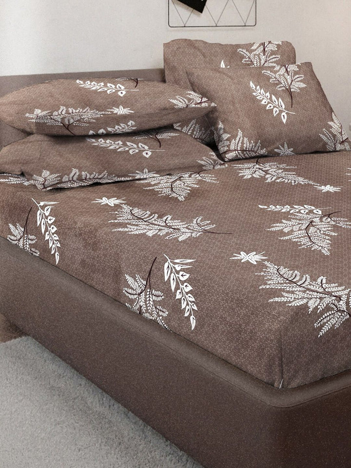 KLOTTHE Brown & White Floral Printed 300 TC Fitted Double King Bedsheet & 4 Pillow Cover