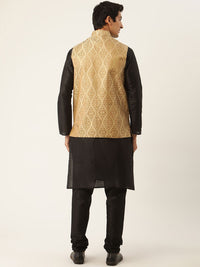 SOJANYA Men Black Kurta with Churidar & Nehru Jacket