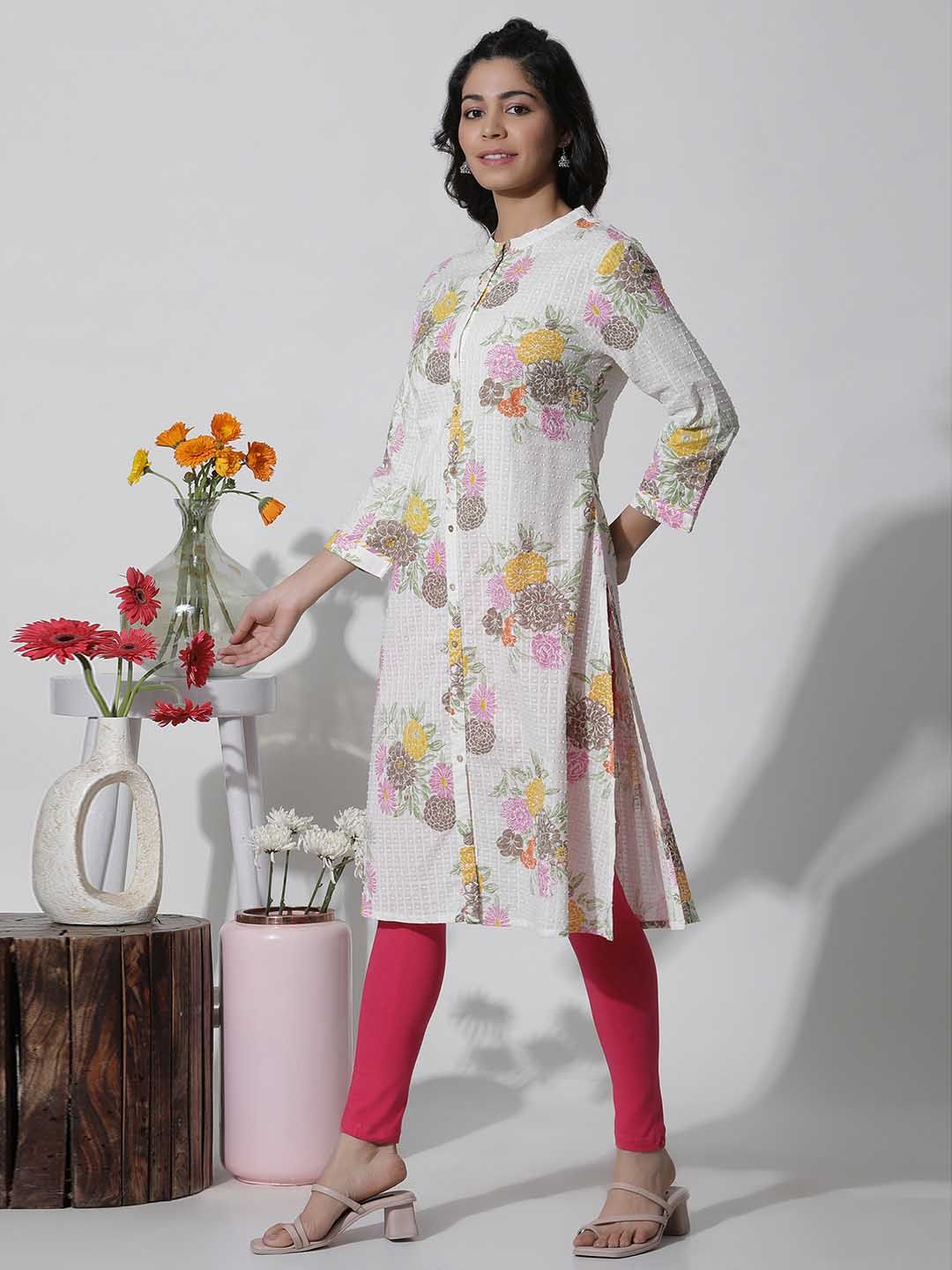 W White Floral Printed Cotton Kurta
