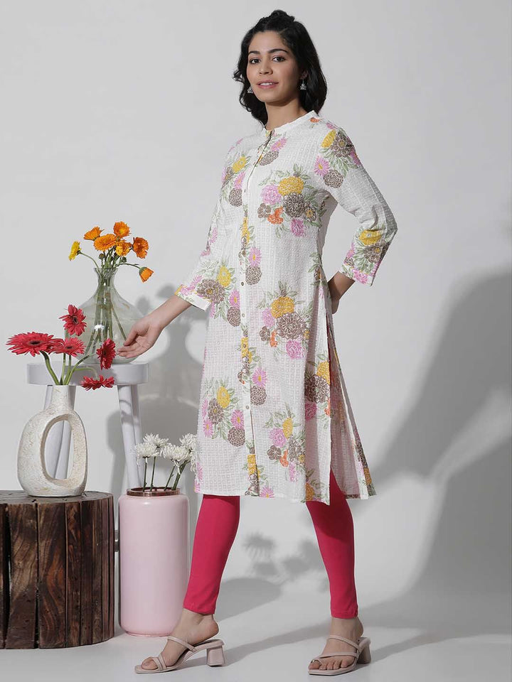 W White Floral Printed Cotton Kurta