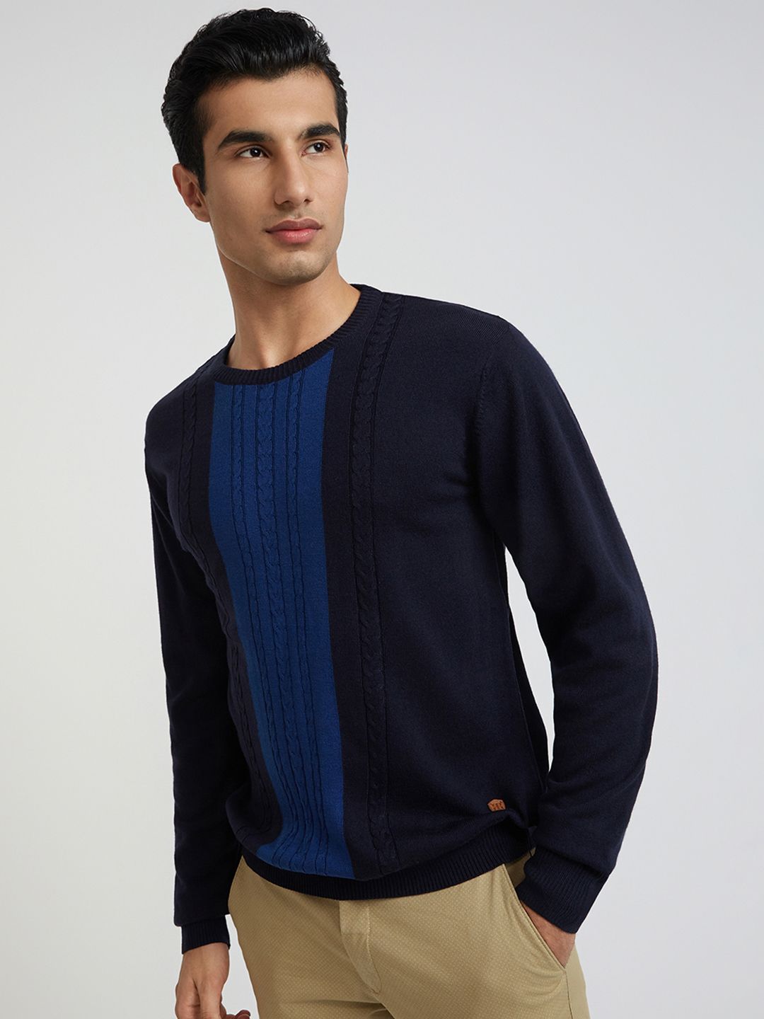 Raymond Men Blue Cable Knit Woolen Pullover
