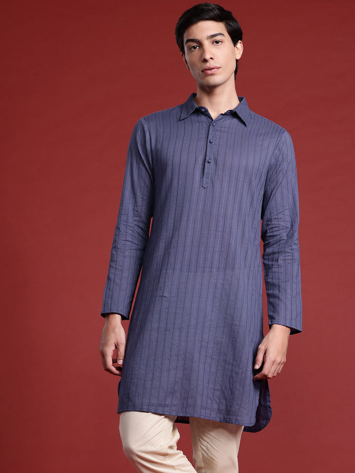 Anouk Striped Shirt Collar Pure Cotton Kurta
