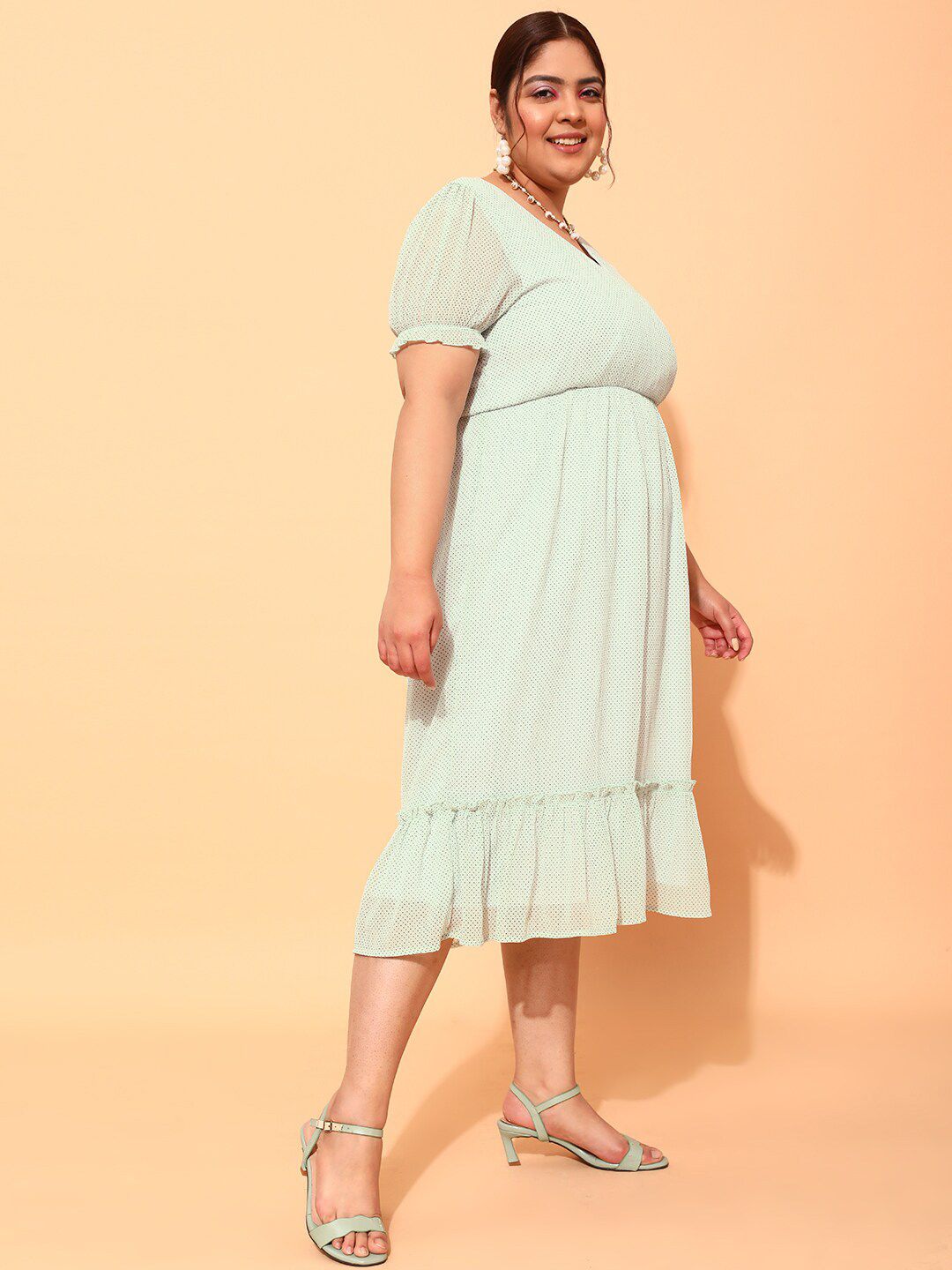 CURVY STREET Plus Size Sea Green & Black Polka Dot Printed Puff Sleeve A-Line Dress