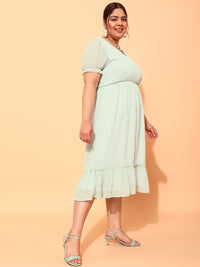 CURVY STREET Plus Size Sea Green & Black Polka Dot Printed Puff Sleeve A-Line Dress