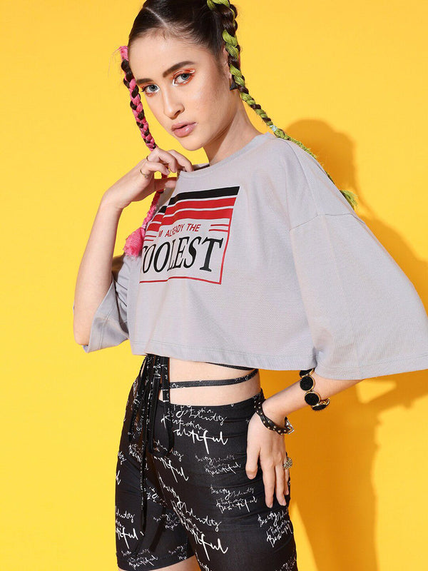 Street 9 Women Women Grey Printed Cotton Drop-Shoulder Sleeves Bio Finish Boxy T-Shirt