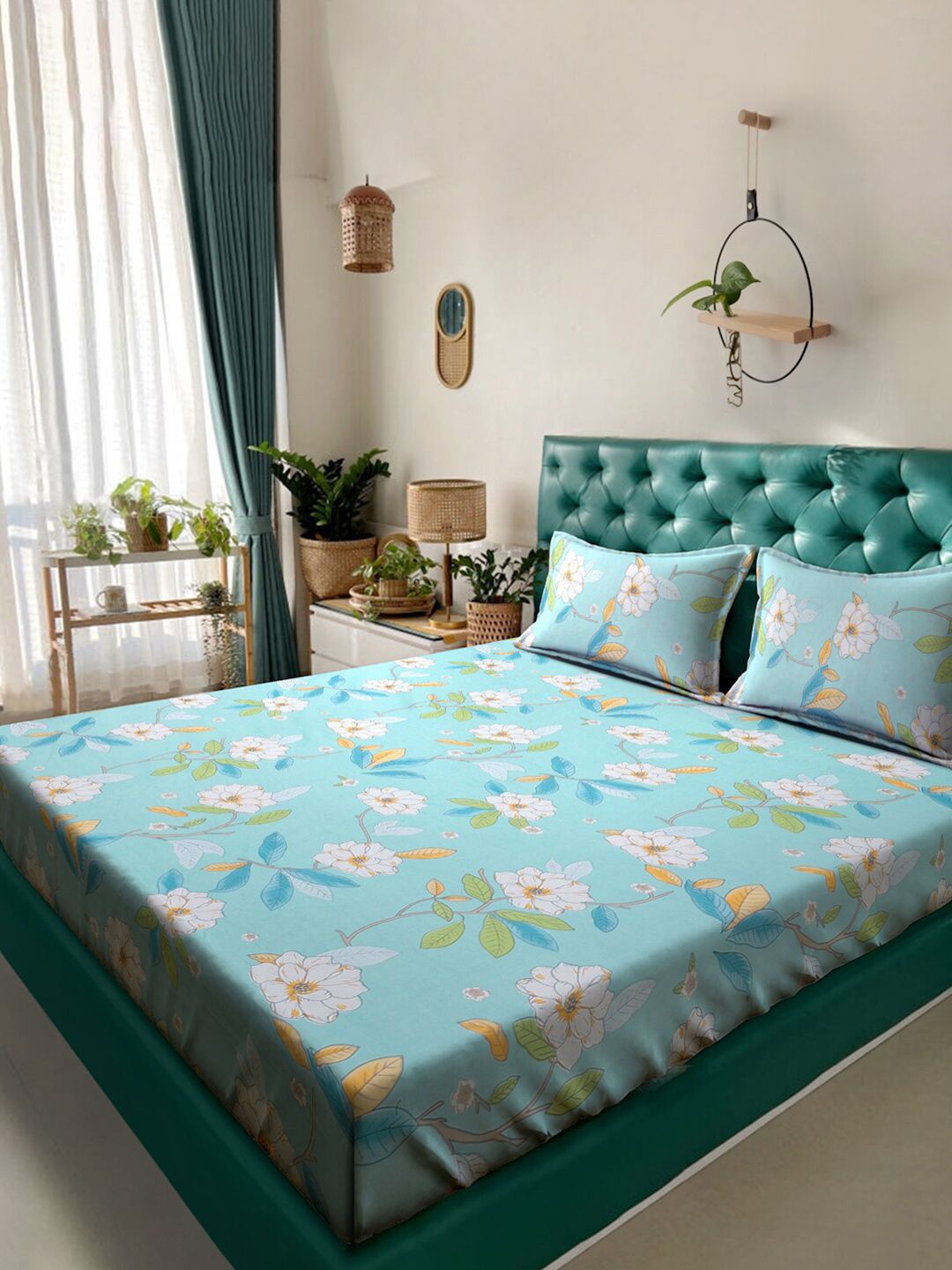Klotthe Blue Floral Dicetak 300 TC Bedsheet King dengan 2 penutup bantal