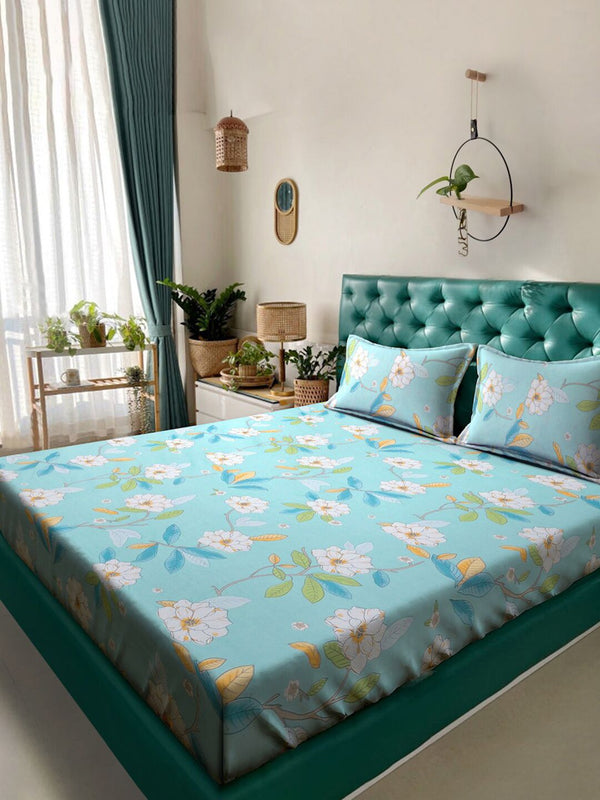 KLOTTHE Blue Floral Printed 300 TC Fitted King Bedsheet With 2 Pillow covers