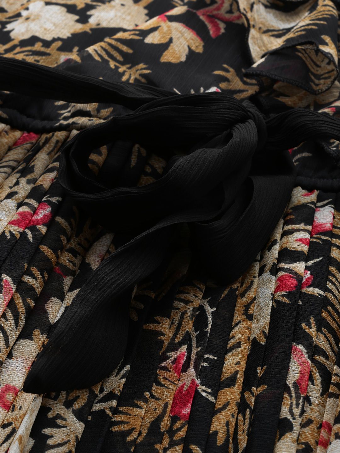 Antheaa Black & Beige Floral Printed Accordion Pleated Wrap Dress With Belt