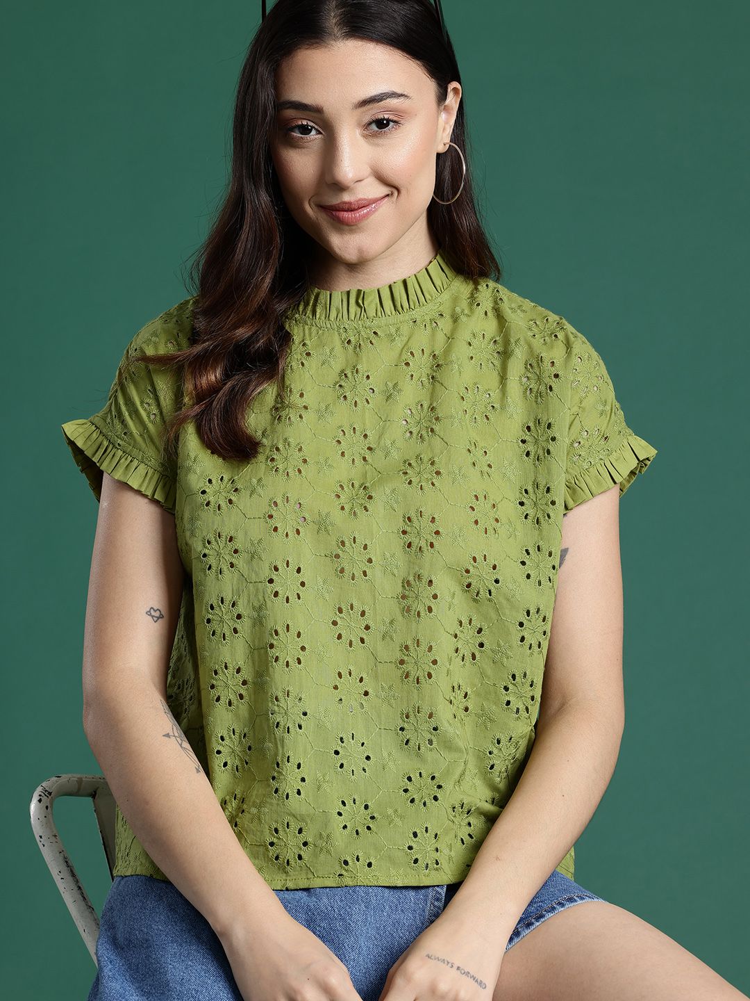 DressBerry Pure Cotton Extended Sleeves Schiffli Top