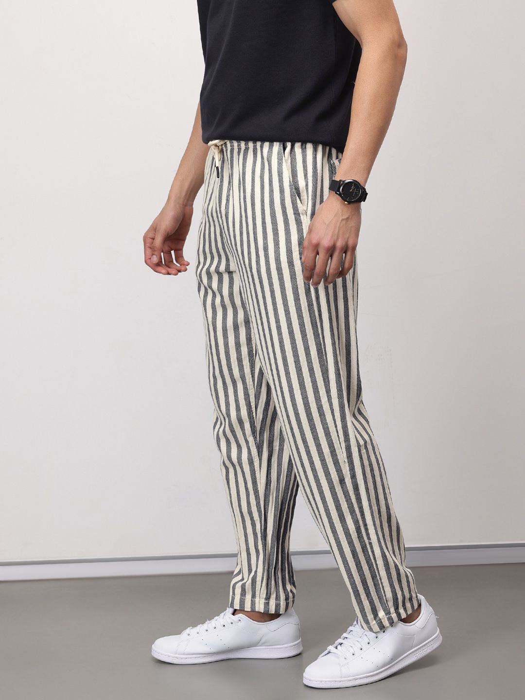 ether Zen Men Striped Cotton Linen Chinos Trousers