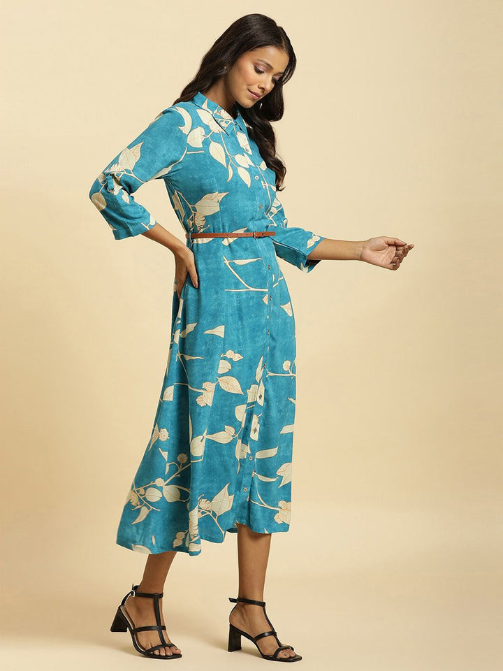 W Floral Printed Belted Detailed Shirt Collar Shirt Style Dress