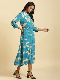 W Floral Printed Belted Detailed Shirt Collar Shirt Style Dress