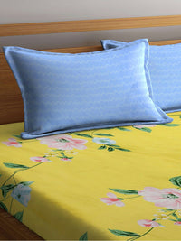 KLOTTHE Yellow & Pink Floral Printed 300 TC Fitted King Bedsheet With 2 Pillow Covers