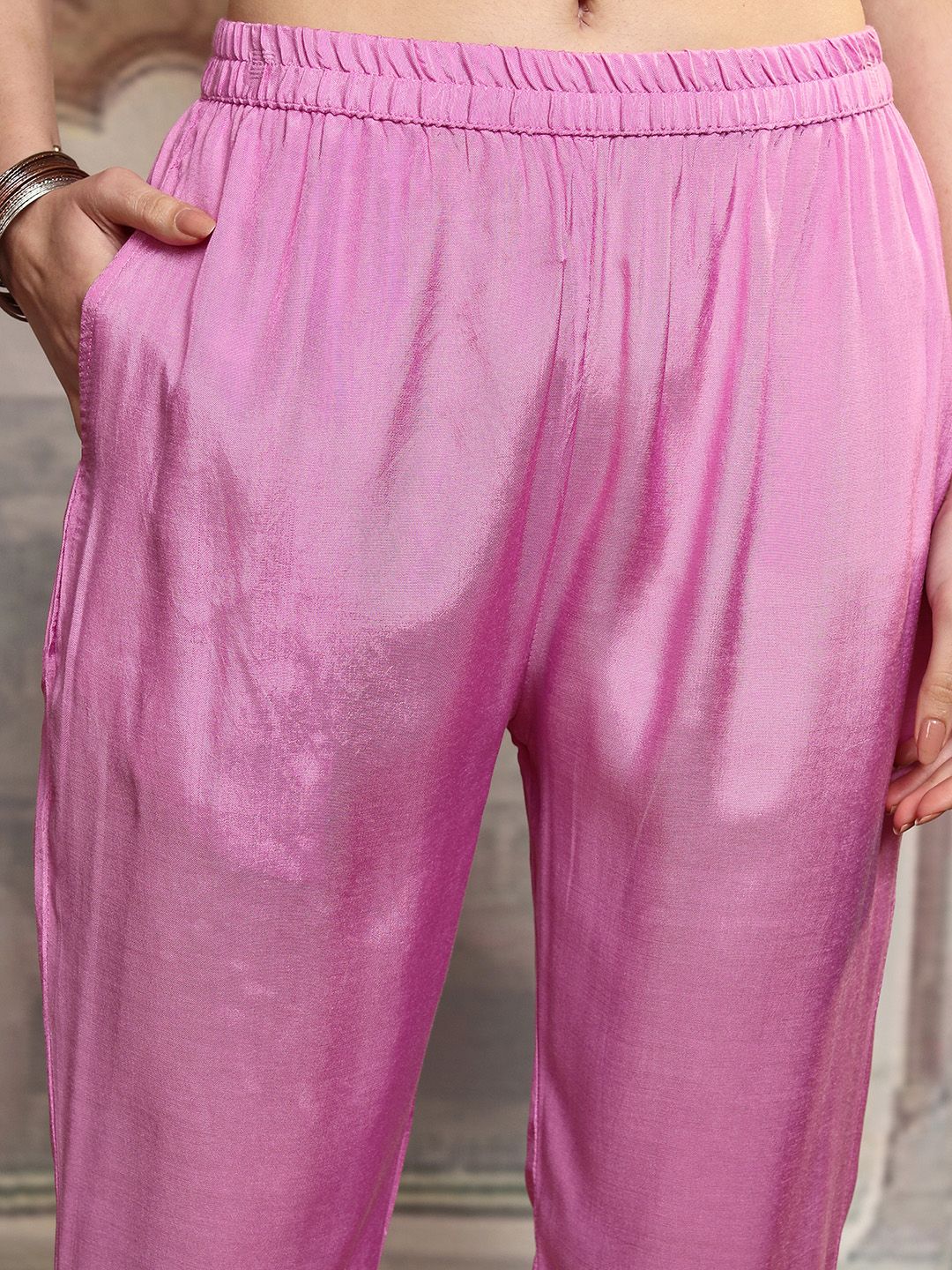 Vishudh Pink Floral Yoke Design Thread Work Straight Kurta With Trousers & Dupatta