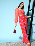 Berrylush Pink Georgette Sweetheart Neck Smocked Blouson Crop Top