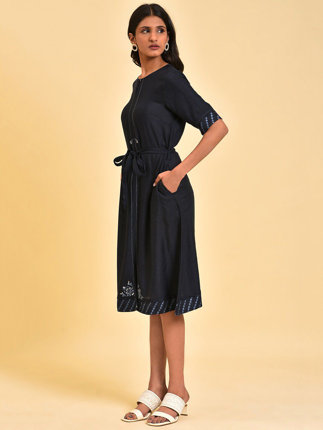 W Keyhole Neck Embroidered Detail A-Line Dress