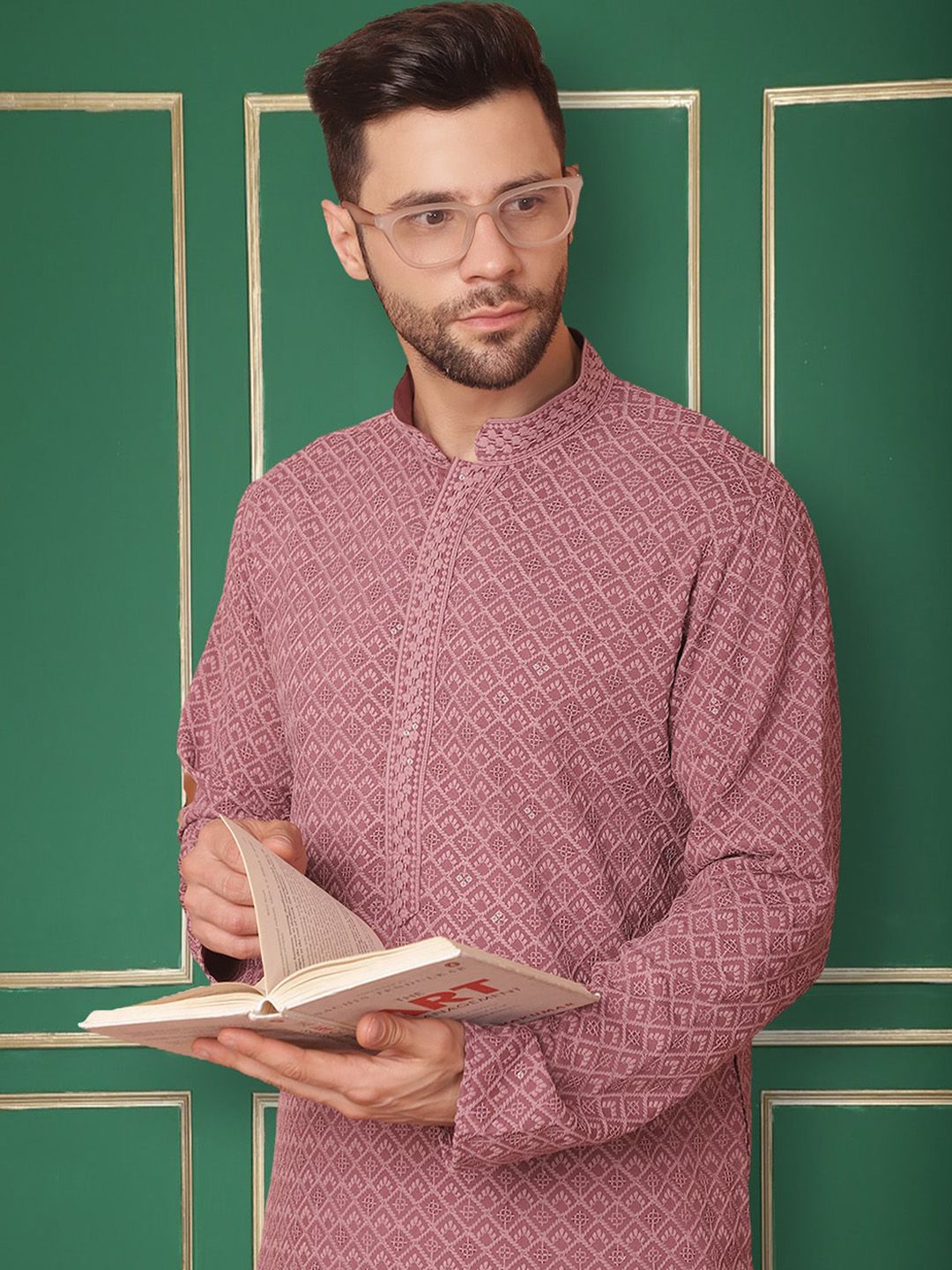 Jompers Embroidered Mandarin Collar Sequinned Kurta with Pyjamas