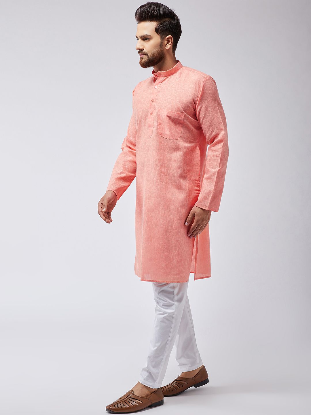 SOJANYA Men Orange & White Solid Kurta with Pyjamas