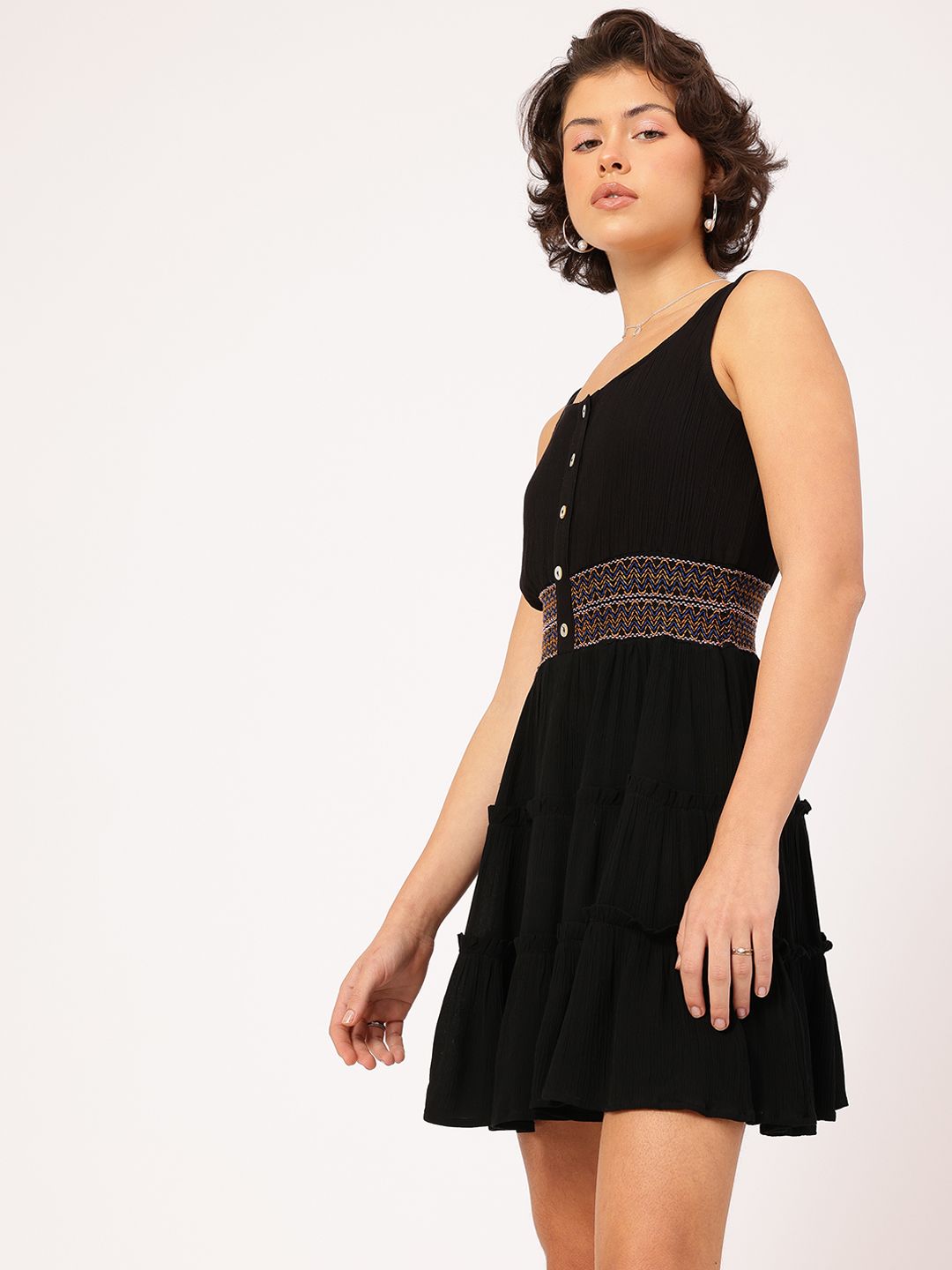 DressBerry Muted Melodies Textured Tiered Cinched Waist Dress