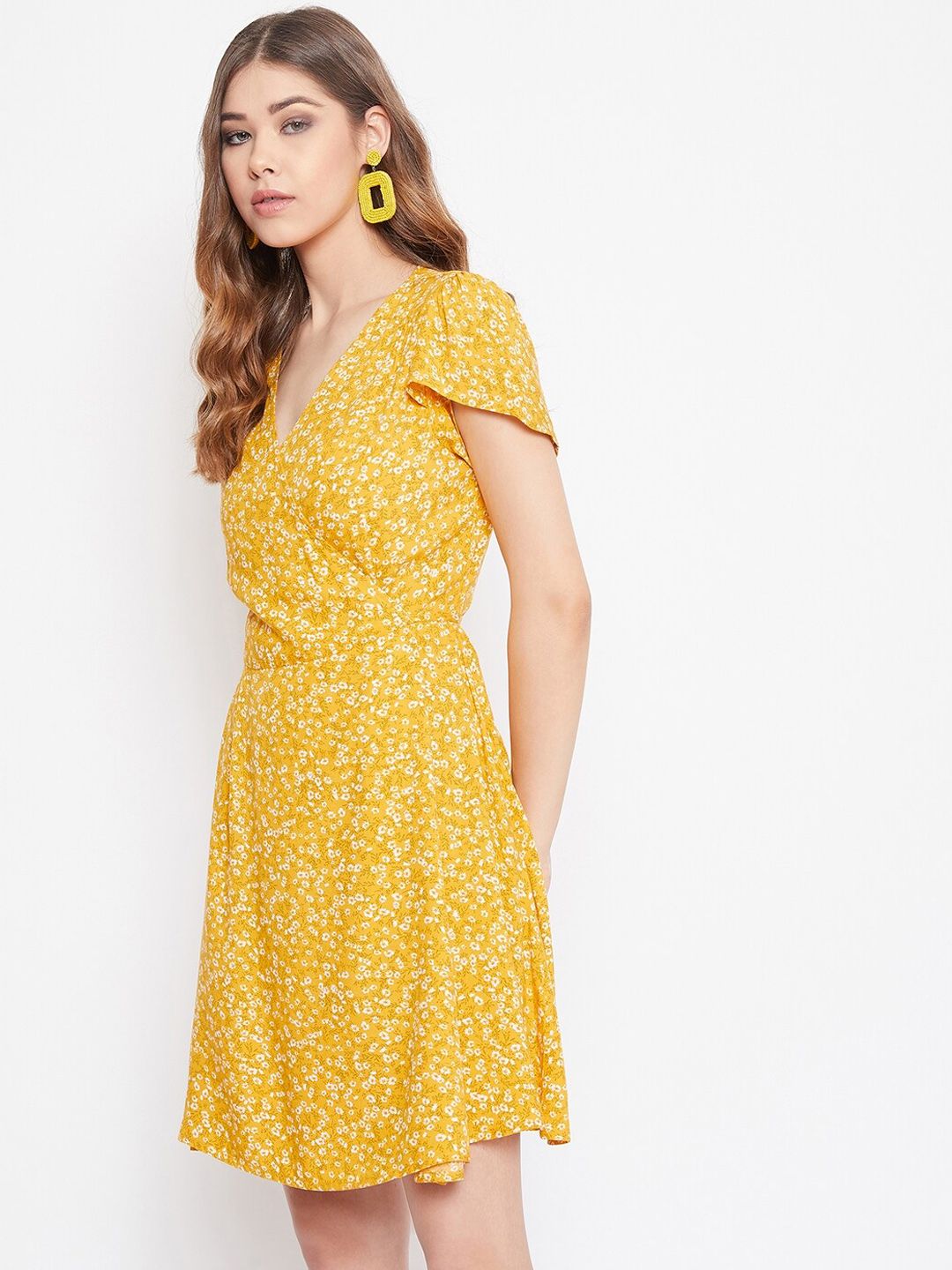 Berrylush Yellow Floral Crepe Ditsy Floral Printed Wrap Dress