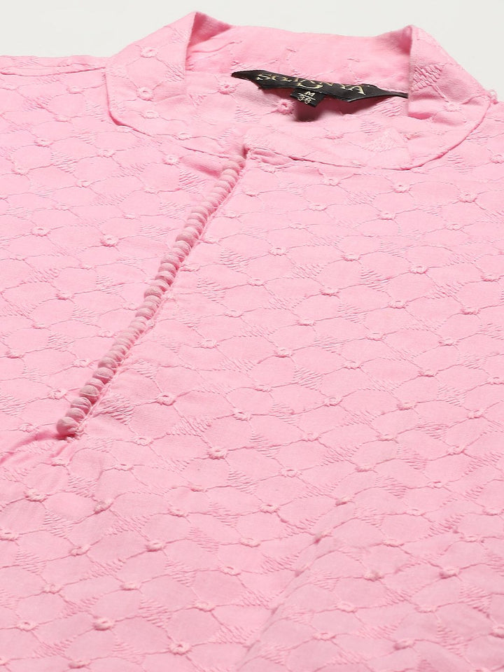 SOJANYA Men Pink Ethnic Motifs Chikankari Pure Cotton Kurta with Churidar & Nehru Jacket