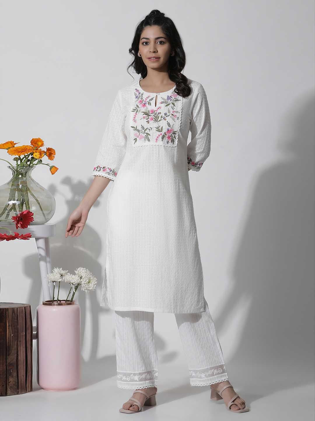 W Floral Yoke Design Thread Work Pure Cotton Straight Kurta