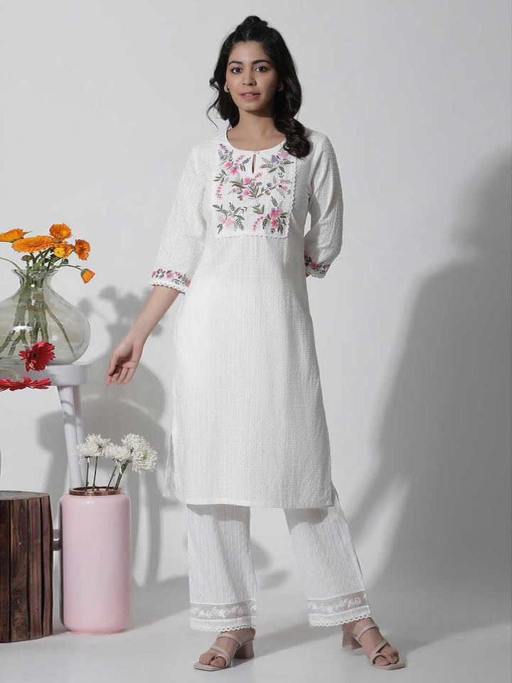 W Floral Yoke Design Thread Work Pure Cotton Straight Kurta