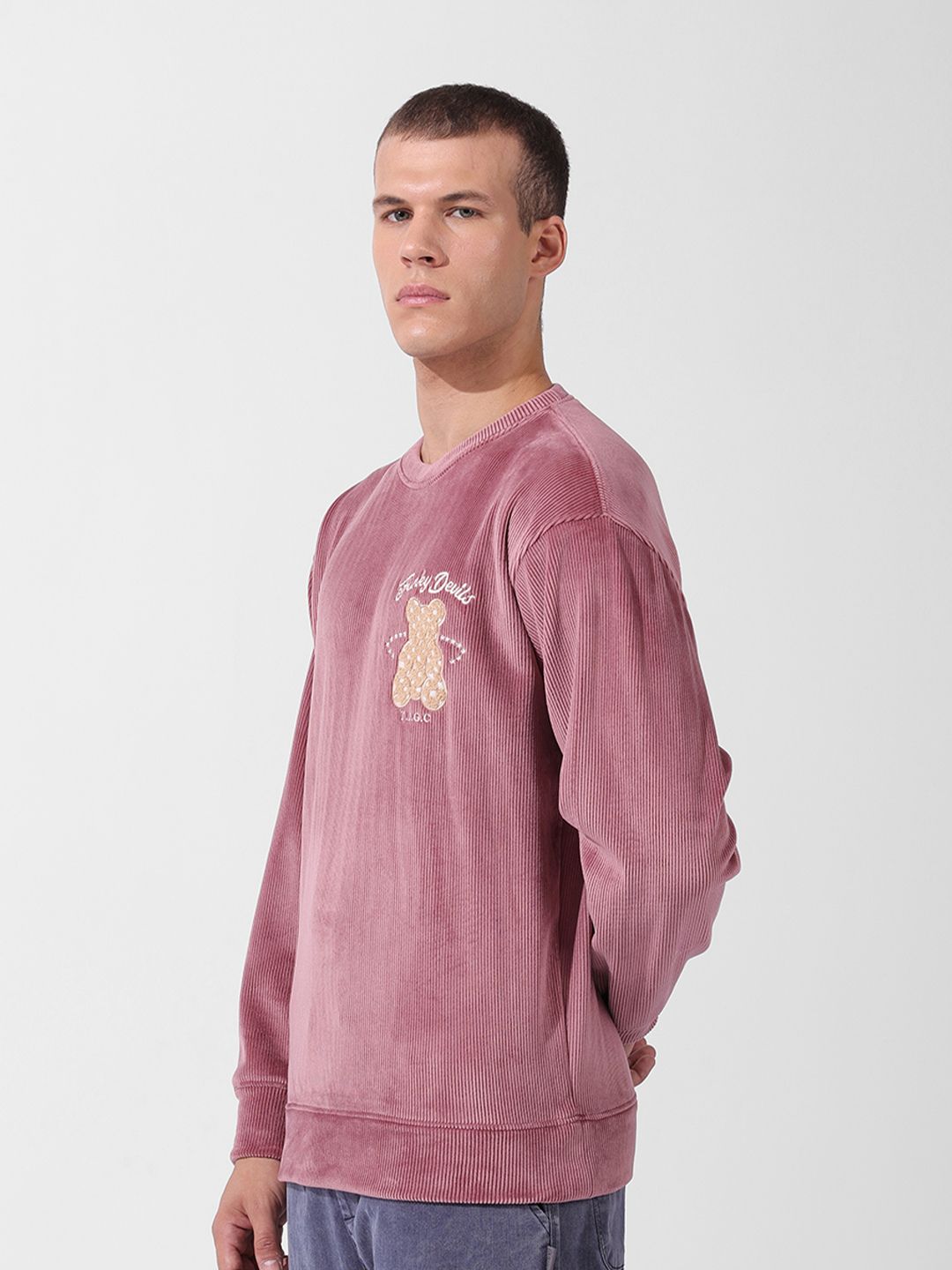The Indian Garage Co Men Oversized Self Design Corduroy Crew Neck Sweatshirt