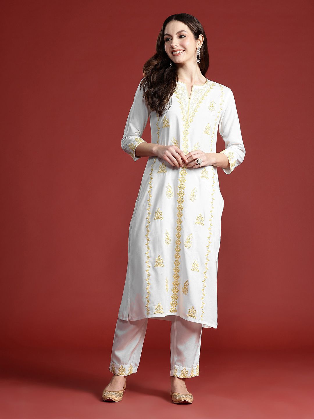 Indo Era Women Floral Embroidered Thread Work Kurta with Trousers
