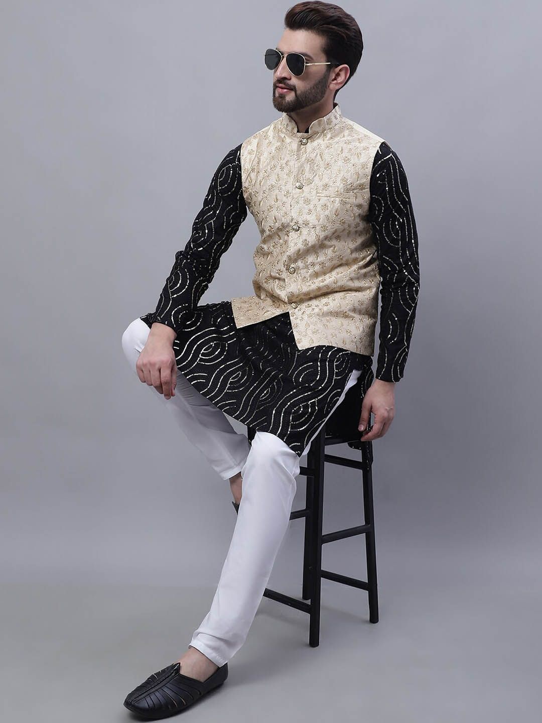 SOJANYA Embroidered Sequinned Pure Cotton Kurta and Churidar with Nehru Jacket