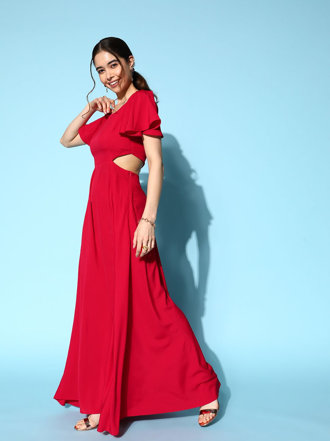 Berrylush Solid Crepe Cut-Outs Maxi Dress