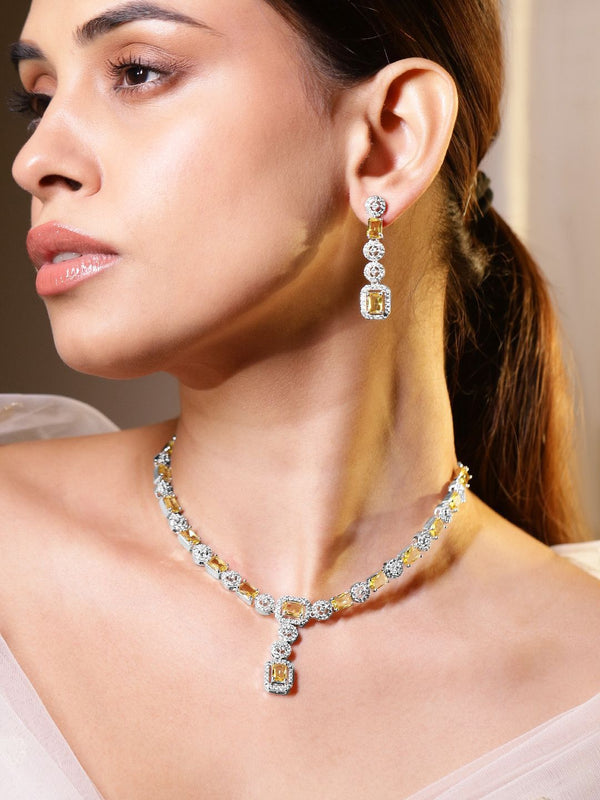 Rubans Rhodium-Plated Yellow Sapphire and Cubic Zirconia Stone Studded Jewellery Set