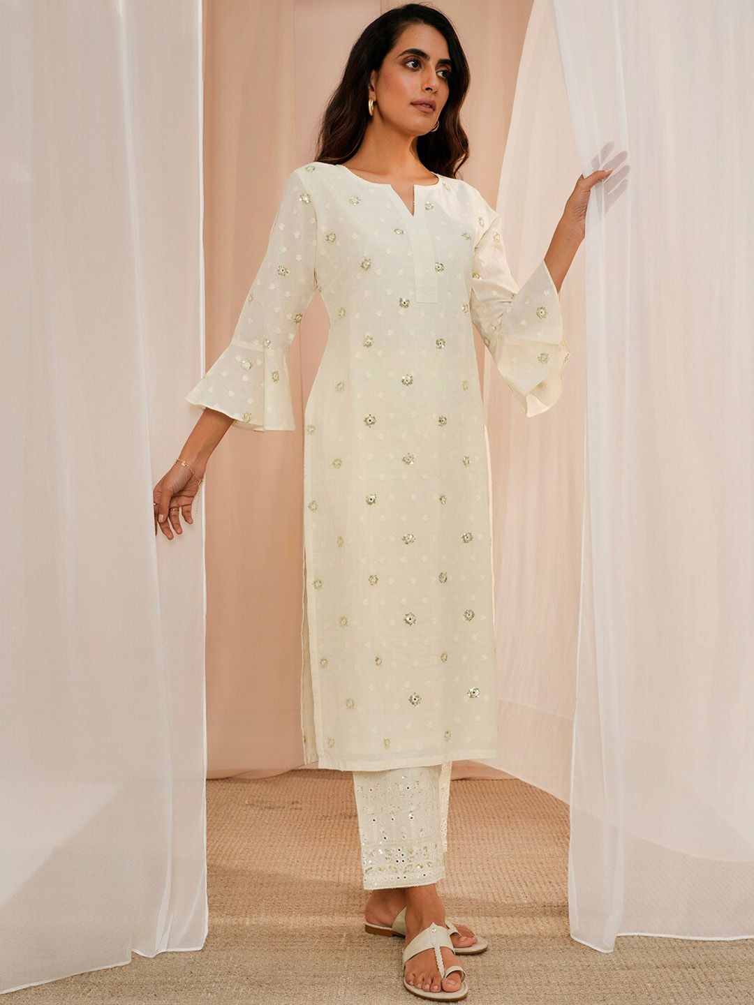 Libas Floral Embroidered Regular Sequinned Pure Cotton Kurta With Trousers & Dupatta