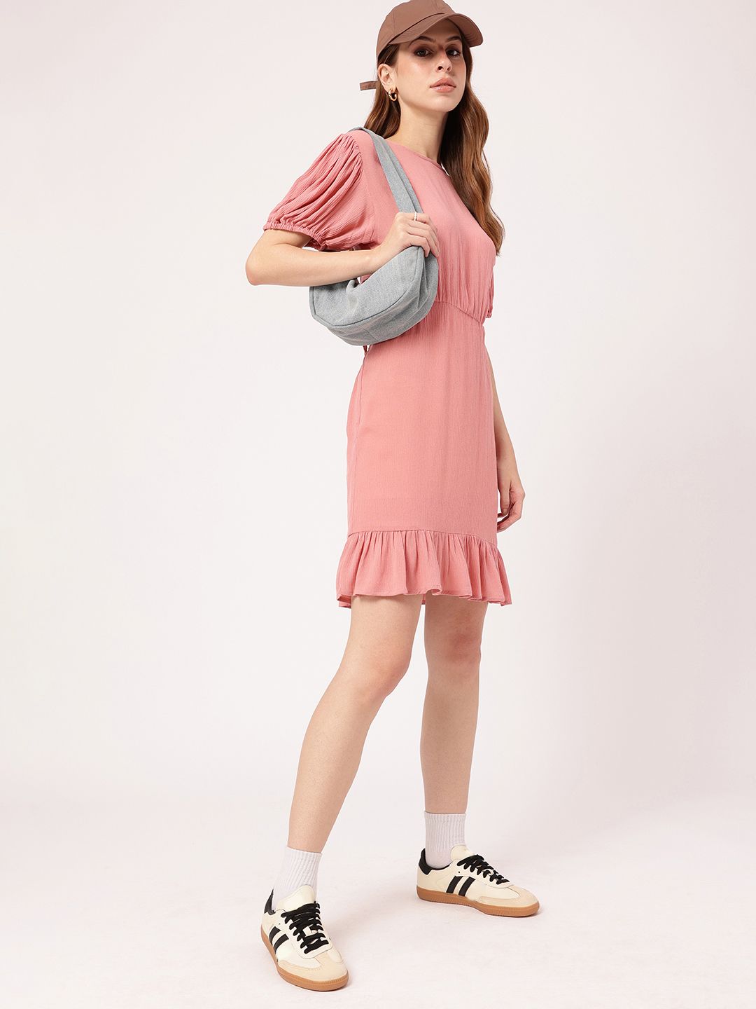 Edgy Cute Touch Puff Sleeves Cut-Outs Styled Back Sheath Mini Dress