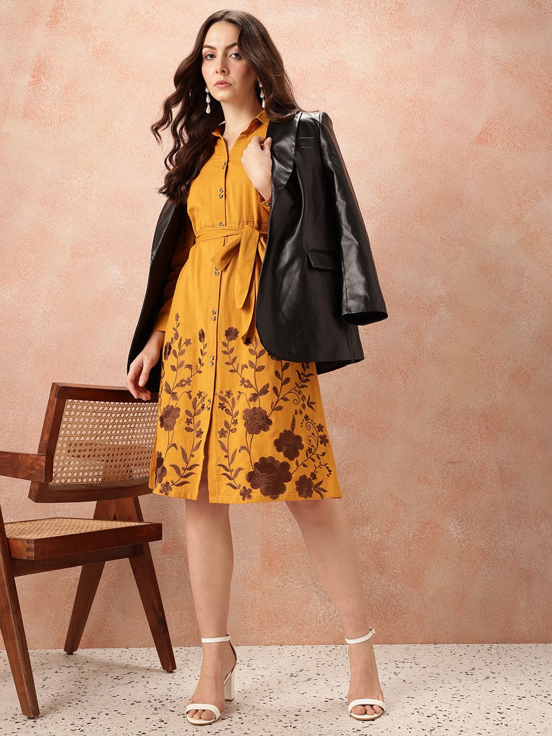 all about you Floral Embroidered Waist Tie-Ups Shirt Dress