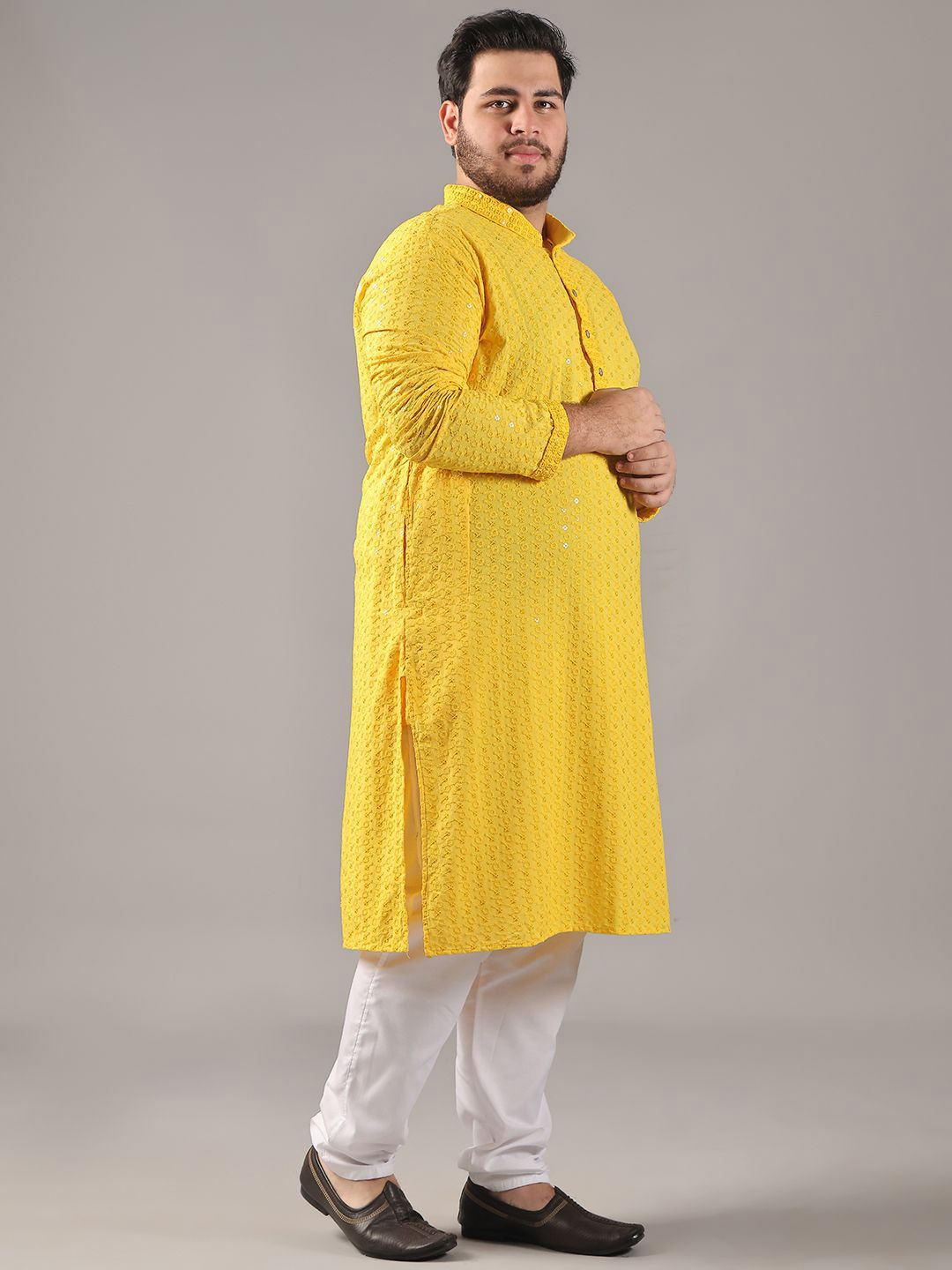 SOJANYA PLUS Plus Size Lelaki Motif Etnik Sulam Kapas Tulen Kurta Lurus & Piyama