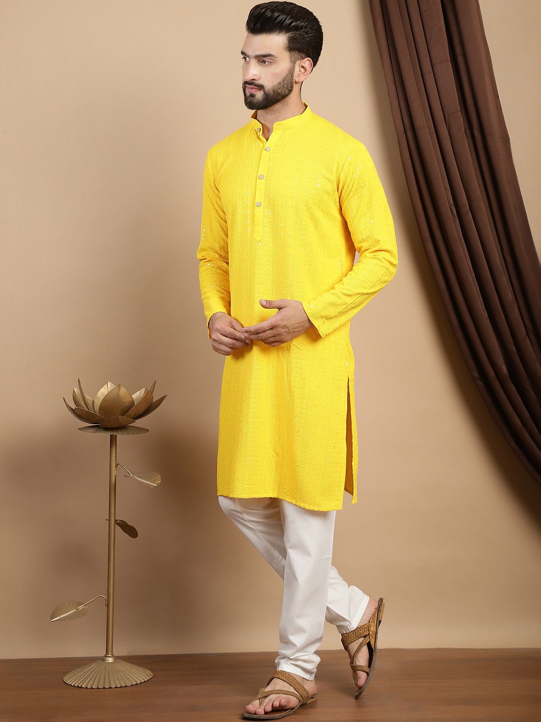 Anouk Ethnic Motifs Embroidered Sequinned Pure Cotton Straight Kurta With Churidar