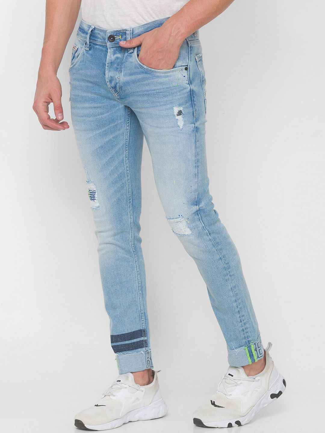 SPYKAR Men Blue Skinny Fit Low-Rise Mildly Distressed Heavy Fade Jeans