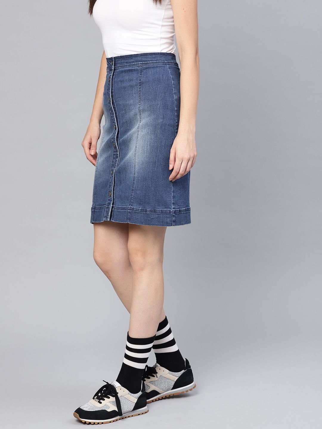 SASSAFRAS Women Blue Washed Denim A-Line Skirt
