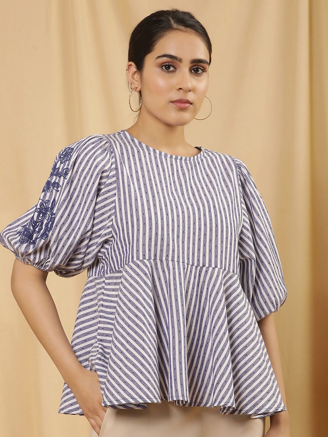 W Vertical Striped Puff Sleeves Cotton Peplum Top