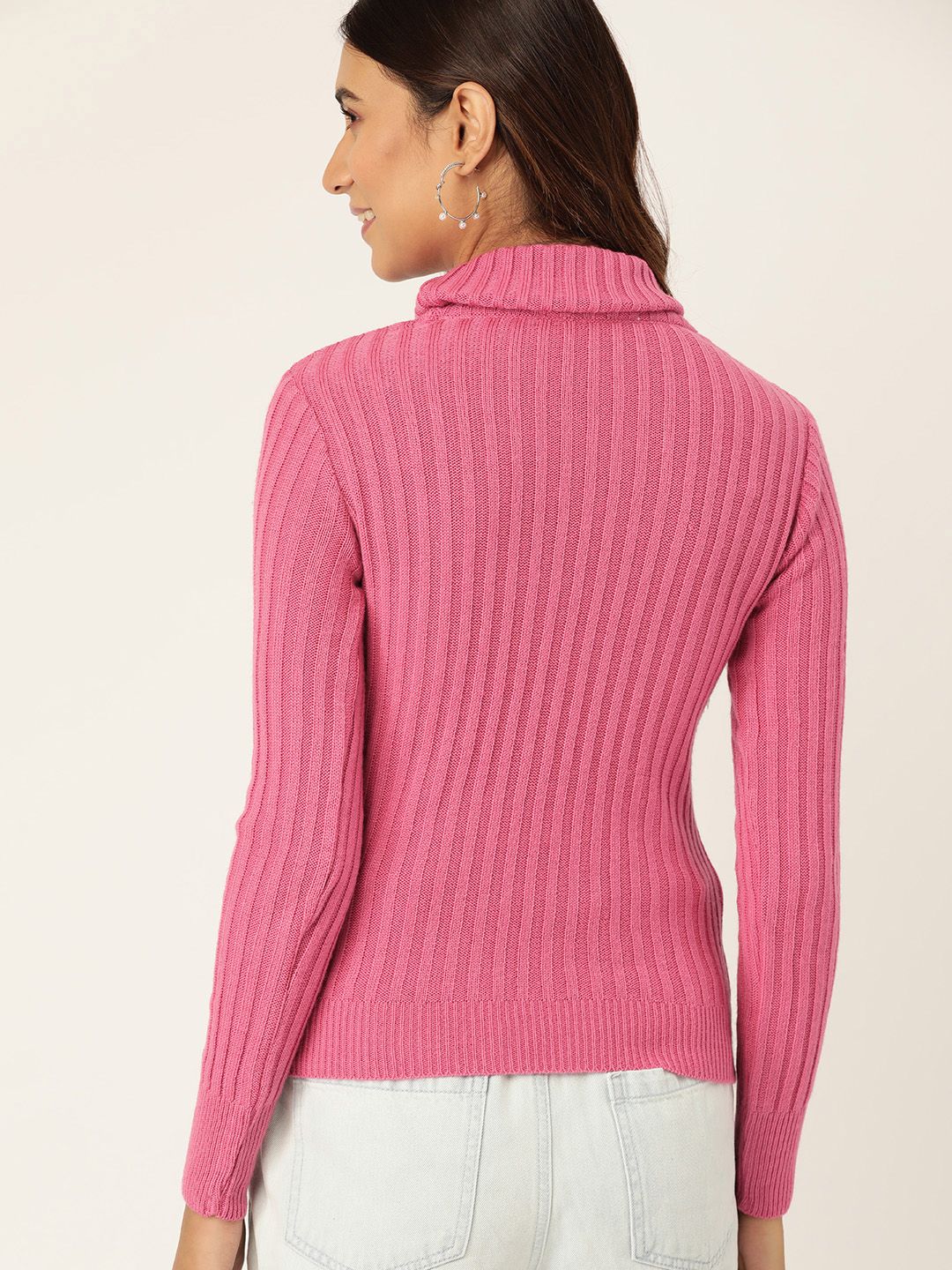 DressBerry Women Pink Self-Striped Pullover Sweater