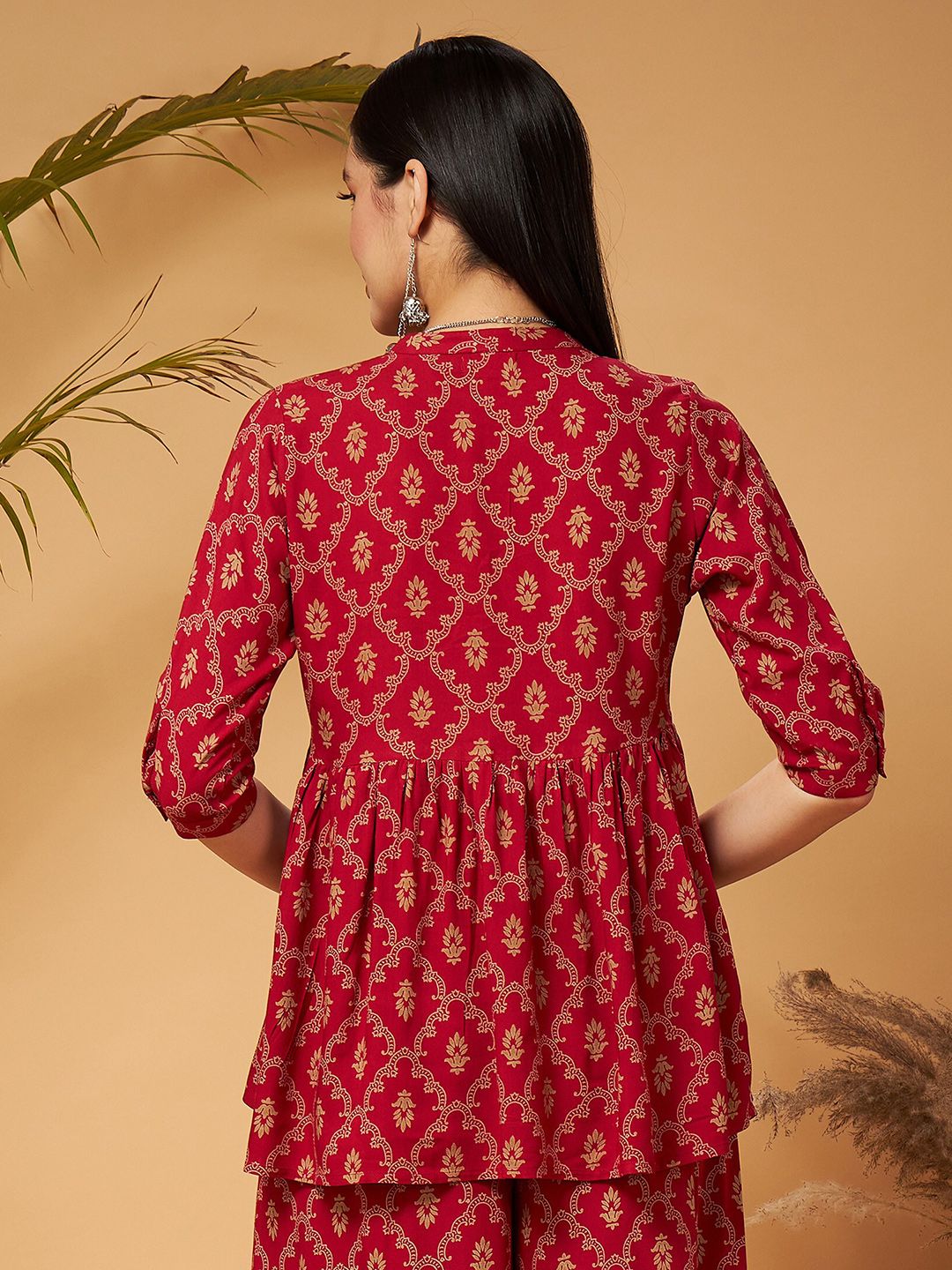 Shae by SASSAFRAS Maroon Ethnic Printed Mandarin Collar Liva A-Line Top