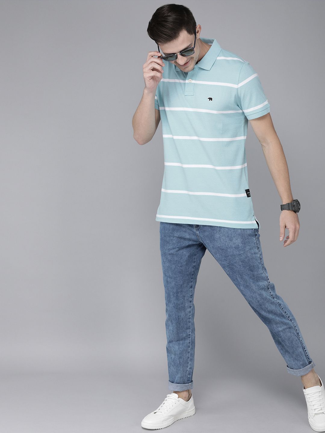 THE BEAR HOUSE Men Blue  White Striped Polo Collar Slim Fit Pure Cotton T-shirt