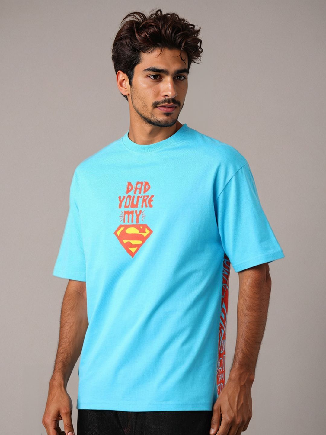 The Indian Garage Co Men Superman Typography Printed Round Neck Cotton Oversized T-shirt
