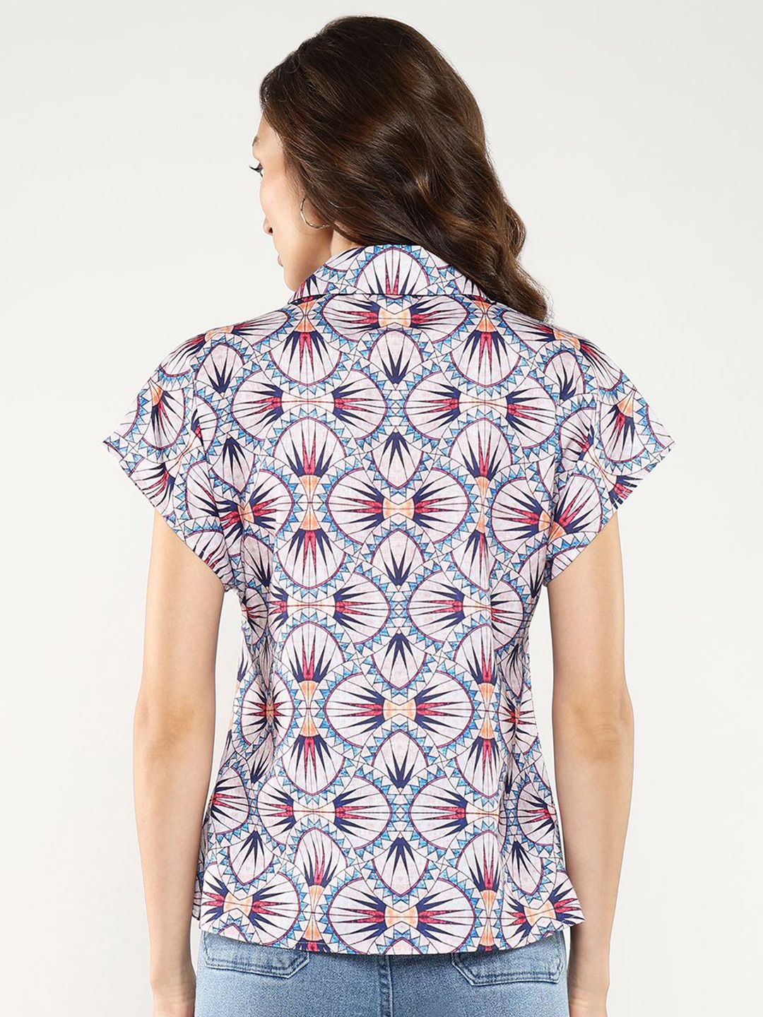 Rareism Geometric Print Extended Sleeves Shirt Shirt Gaya Atas