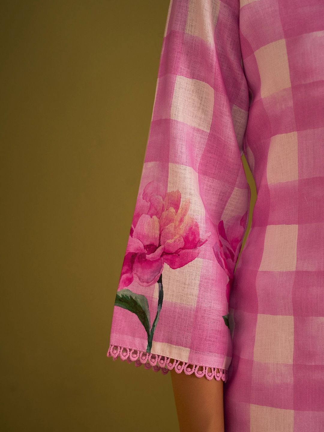 Indo Era Floral Printed Sweetheart Neck Stone Work Linen Kurta With Trouser & Dupattta